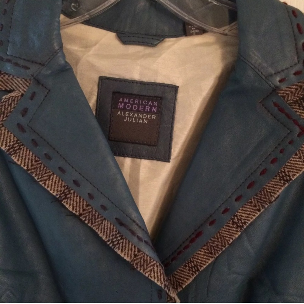 Blue Leather Jacket With Brown Thread Lining Small - Picture 3 of 11